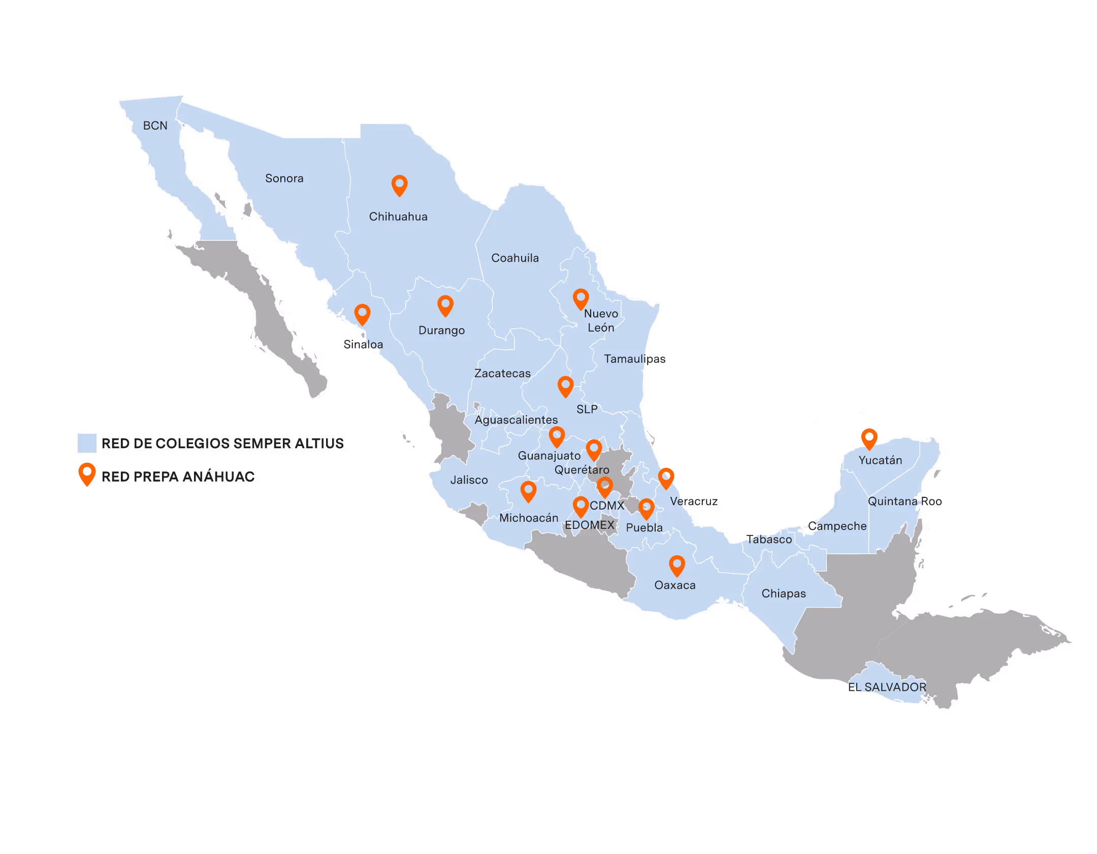 Mapa de presencia de la Red de Colegios Semper Altius y Red Prepa Anáhuac en México